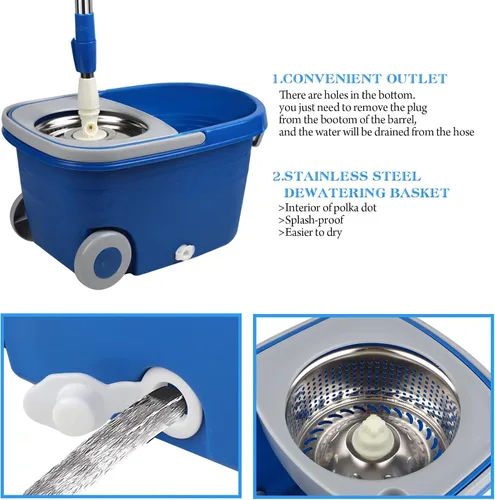 Vista 5 de Juego de trapeador y cubo con escurridor de 25 cuartos de galón, acero inoxidable Deluxe 360 Spinning Mop Bucket Sistema de limpieza del suelo con 3