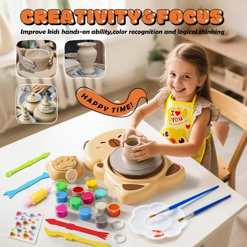 Vista 3 de Skirfy Mini Kit de Máquina de Torno de Alfarería para Principiantes Niños con Luz, Torno Eléctrico de Cerámica con Pedal de Pie y Kit de Pintura