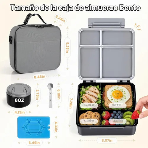 Vista 6 de Lonchera Bento con termo de sopa de 8 onzas, a prueba de fugas, 4 compartimentos, para niños, con taza de salsa y bolsa de hielo, tarro de comida