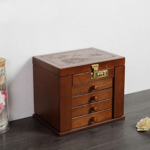 Vista 9 de DYRABREST Joyero organizador de madera con cerradura de combinación con cerradura grande con cerradura para vestidor, contenedor de almacenamiento