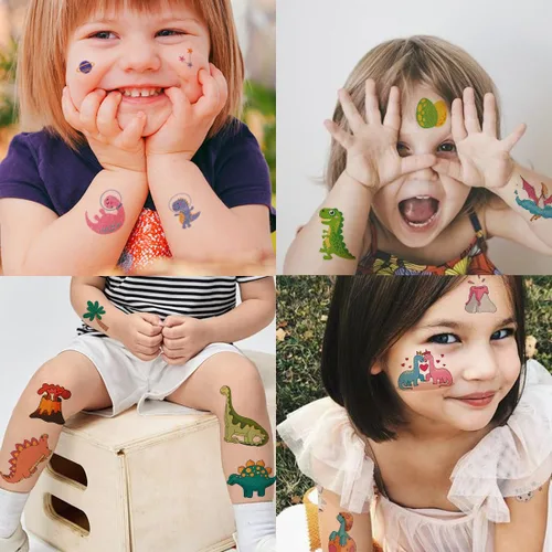 Vista 3 de CHARLENT 110 estilos de tatuajes temporales de dinosaurios con purpurina para niños, 14 hojas de tatuajes de dinosaurios con purpurina para niños