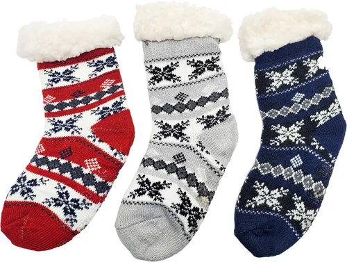 Vista 3 de Calcetines térmicos de sherpa para niños, 3 pares, bonitas pantuflas de Navidad antideslizantes de invierno, cálidas, ultra suaves para niños y niñas