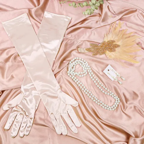 Vista 4 de cridoz Accesorios de flapper para mujer, accesorios de flapper de los años 20, accesorios de Gatsby de los años 20, accesorios para mujer (beige)