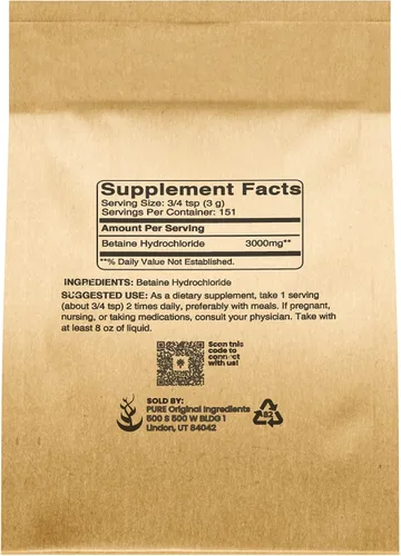 Vista 2 de PURE ORIGINAL INGREDIENTS Betaína HCL 1 libra, sin aditivos ni rellenos, suplemento verificado por laboratorio (paquete de 2)