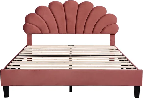 Vista 5 de Base de cama tapizada Queen con cabecero, cama moderna de plataforma de terciopelo con patrón de flores, soporte de listones de madera, tamaño rojo