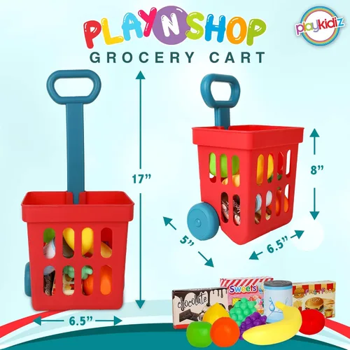 Vista 2 de Playkidz Juego de carrito de compras de juguete, juguetes de plástico para alimentos, juego interactivo, recursos de aprendizaje y diversión