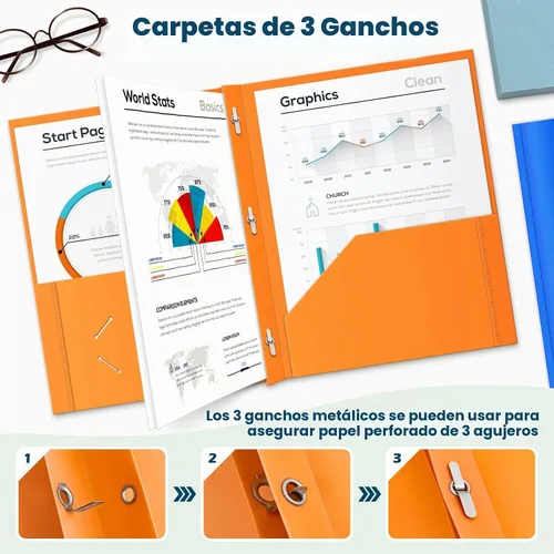 Vista 4 de V-Opitos Paquete de 6 carpetas de plástico de 2 bolsillos con 3 clavijas 6 colores, carpetas de archivos a granel, resistentes, escuela y oficina
