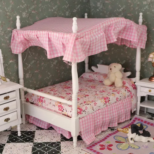 Vista 2 de iLAND - Juego de muebles de dormitorio para casa de muñecas, cama mini de madera para muñecas, muebles en miniatura con accesorios a escala 1:12