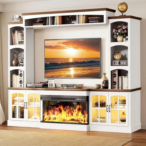 Vista 12 de MXV - Soporte de chimenea para TV de 59 pulgadas, centro de entretenimiento estilo granja con soporte de TV de 3 lados de vidrio, consola multimedia