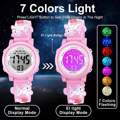 Vista 3 de Venhoo Kids Watches 3D Cartoon Waterproof 7 Color Lights Toddler Wrist Digital Watch with Alarm Stopwatch for 3-10 Year Girls Little Child