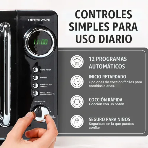 Vista 3 de Nostalgia Horno microondas retro compacto para encimera, 0.7 pies cúbicos, 700 vatios con pantalla digital LED, bloqueo infantil, interior fácil