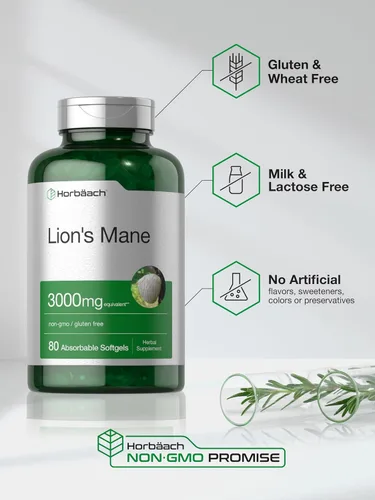 Vista 5 de Horbäach Suplemento de melena de león 3000 mg 80 cápsulas blandas absorbentes Extracto sin OMG y sin gluten