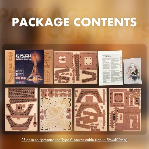 Vista 7 de ROBOTIME Rompecabezas 3D para Adultos Kit de Construcción de Modelos DIY con Luz LED Torre Eiffel de Madera Kit de Manualidades Conjunto de Juguetes