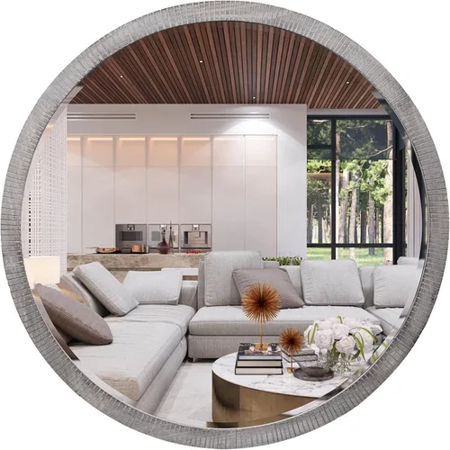 Vista 8 de Espejo redondo de madera de 35 pulgadas, espejo de pared circular rústico con biselado, espejos redondos de madera para decoración de pared, espejos