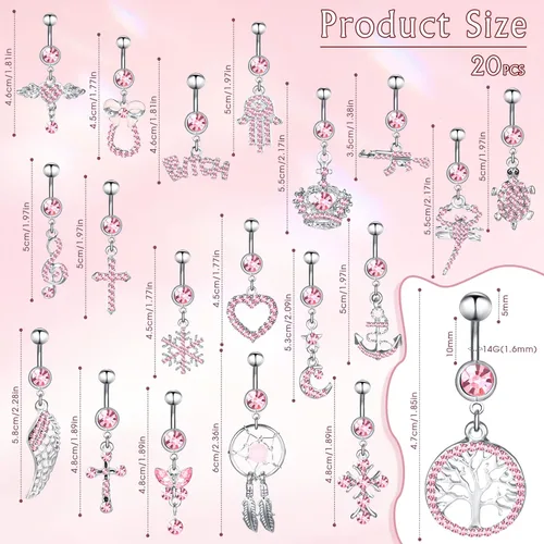 Vista 3 de Junkin 20 piercings colgantes para ombligo de acero quirúrgico 316L, circonita cúbica, piercing para el cuerpo, 20 unidades, 0.49 oz