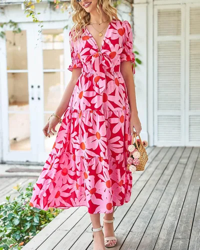 Vista 2 de BTFBM Vestido bohemio de verano 2025 para mujer, con lazo frontal, cuello en V profundo, recortado, manga corta, casual, fiesta, floral, playa, maxi