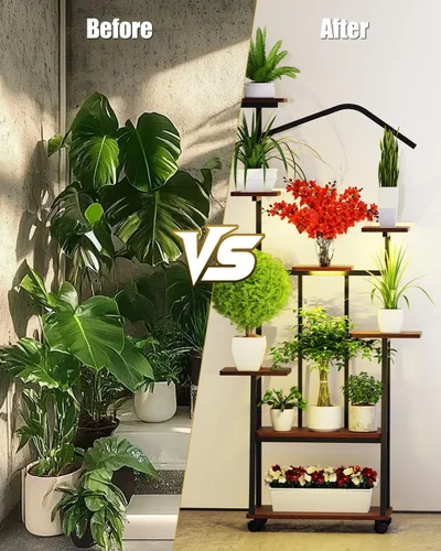 Vista 7 de Zelvia Soporte esquinero de 8 niveles con luces de crecimiento, estante de metal de 65 pulgadas de alto, exhibición de varios niveles para plantas