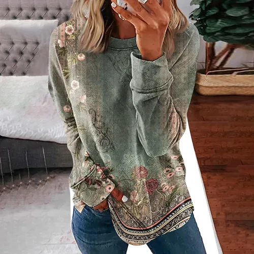 Vista 4 de Camisas de manga larga para mujer, camisetas sin capucha, sudadera a rayas de gran tamaño, manga larga, cuello redondo, a la moda