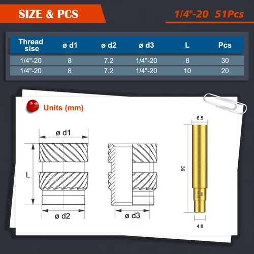 Vista 4 de 51 piezas de insertos roscados de 1/4"-20, kit surtido de tuercas moleteadas SAE de rosca hembra, inserto de calor de latón para impresión 3D piezas