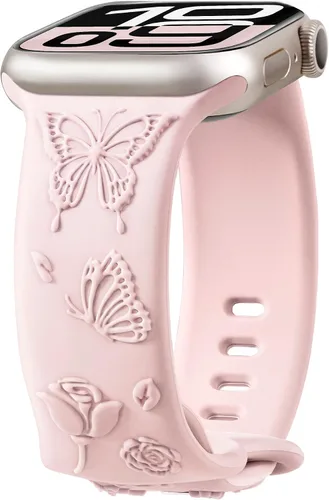 Vista 12 de Melyis Correa deportiva de silicona suave grabada con diseño floral y mariposa compatible con Apple Watch de 1.575 pulgadas, 1.614 pulgadas, 1.496