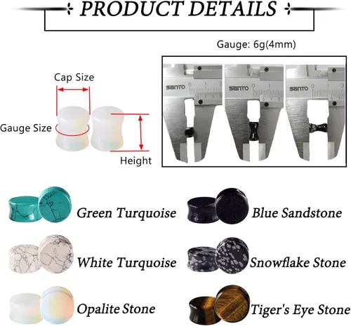 Vista 10 de Qmcandy - Juego de 6 pares / 16 pares de dilatadores para las orejas, de piedra mixta, expansores, conjunto de perforación corporal calibre 8G a 3/4