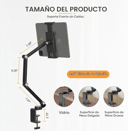 Vista 5 de Houele Soporte para Tableta, Brazo Plegable Ajustable para Tableta iPad Soporte de Escritorio con Base Giratoria de 360°, Soporte para Teléfono