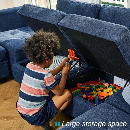 Vista 5 de Belffin Sofá modular modular con otomana de almacenamiento, sofá moderno en forma de L de tela con diván para espacios pequeños, azul