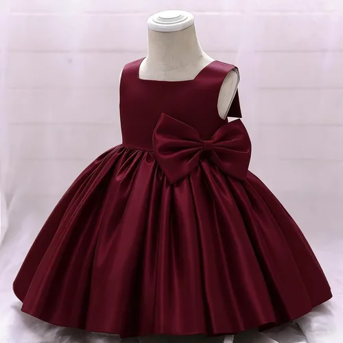 Vista 4 de 6M-8T Vestido de Niña Bebé con Lazo Grande para Cumpleaños y Certamen, Vestido de Fiesta Tutú para Niñas Pequeñas, Vestidos de Bautizo Borgoña