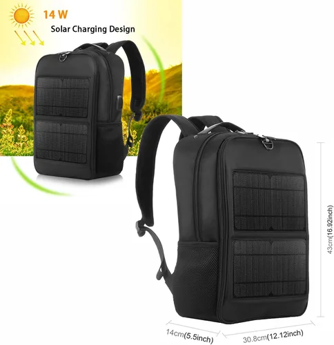 Vista 2 de 14W Solar Backpack - Waterproof, Smart USB Charging Backpack, Ergonomic Multifunction Laptop Bag Outdoor Hiking Backpack, Perfect for Business