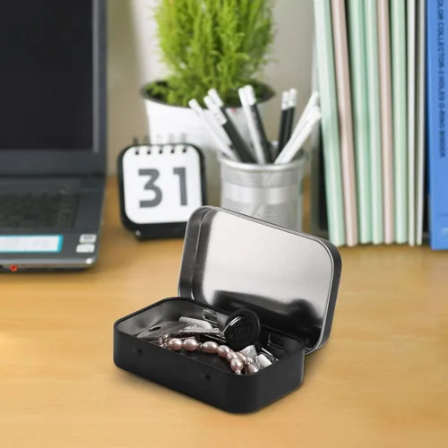 Vista 5 de Tamicy Latas rectangulares de metal con bisagras, paquete de 40 mini cajas portátiles de color negro mate, latas pequeñas de almacenamiento vacías