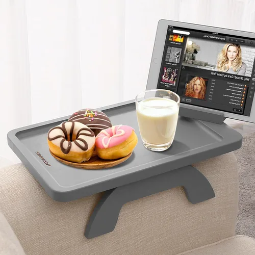 Vista 9 de SINWANT Mesa de Brazo para Sofá, Mesas de Reposabrazos de Sofá de Madera de Acacia, Mesa de Reposabrazos de Sofá con Soporte para Teléfono de 360°