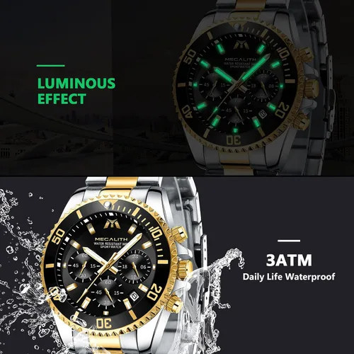 Vista 5 de MEGALITH Relojes para hombre, acero inoxidable, impermeable, analógico, de cuarzo, cronógrafo, de negocios, para hombres, fecha automática
