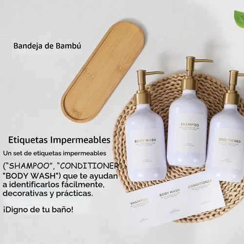 Vista 2 de Botellas dispensadoras de champú y acondicionador con bandeja de bambú Bomba blanca y dorada