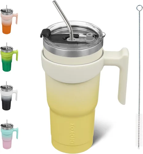 Vista 31 de BJPKPK Mini vaso de 10 onzas con tapa, popote y asa, taza de acero aislada