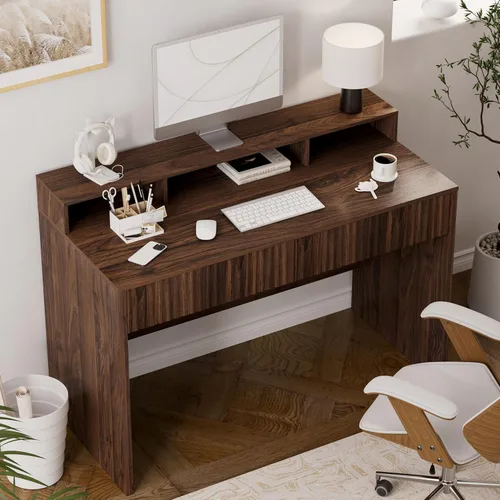 Vista 6 de Escritorio ejecutivo de 47 pulgadas con cajón estriado, moderno escritorio de oficina en casa con soporte largo para monitor y 2 cajones, escritorio