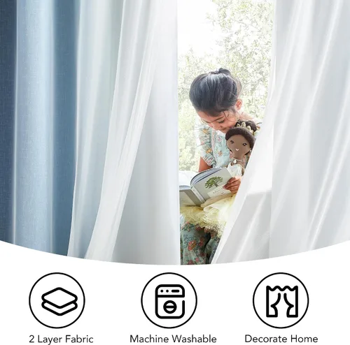 Vista 7 de Cortinas 100% opacas con superposición de gasa Mix and Match de doble capa, 54 pulgadas de largo, 2 paneles para dormitorio y sala de estar, azul