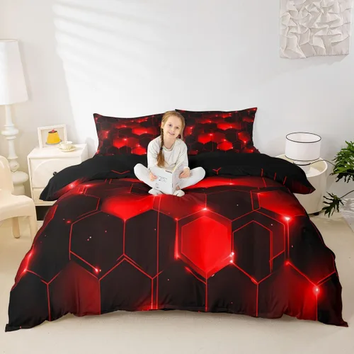 Vista 12 de Juego de ropa de cama geométrica de panal verde y azul, funda de edredón hexagonal estereoscópica para niños y niñas, funda de edredón hexagonal