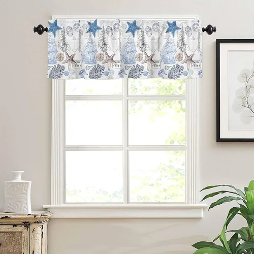 Vista 3 de Cortinas de cenefa costera para dormitorio, sala de estar, estrellas de mar náuticas, algas azules, persianas romanas para ventanas, cortinas