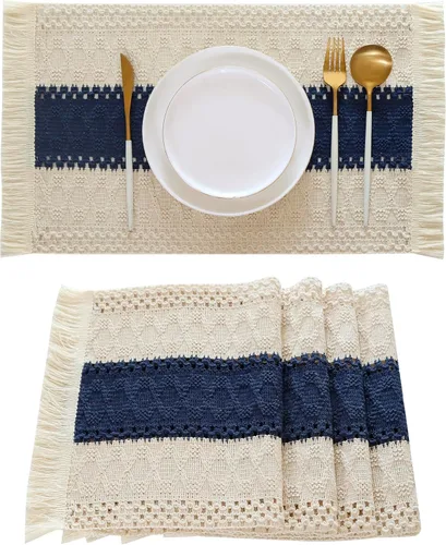 Vista 10 de Juego de 4 manteles individuales verdes de macramé para decoración de mesa con flecos, manteles individuales tejidos de arpillera natural para mesa
