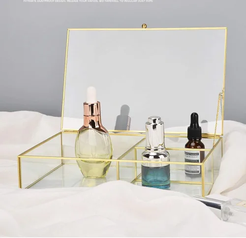 Vista 3 de Organizador de cosméticos, organizador de maquillaje, compartimentos de vidrio, soporte para brochas de maquillaje, caja de cosméticos claridad
