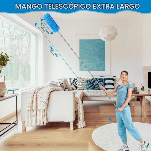 Vista 2 de JEHONN Plumero con poste de extensión de 100 pulgadas para limpiar ventilador de techo alto, removedor de polvo de plumas de microfibra extensible