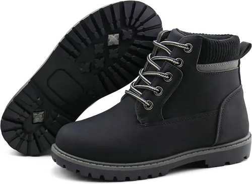Vista 4 de JABASIC Botas de tobillo para niños y niñas, con cordones, cómodas botas de trabajo al aire libre