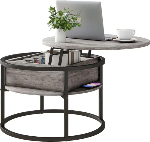 Vista 9 de HOJINLINERO Mesa de centro redonda elevable, con compartimento oculto de almacenamiento, decoración de mesa de centro de madera de granja