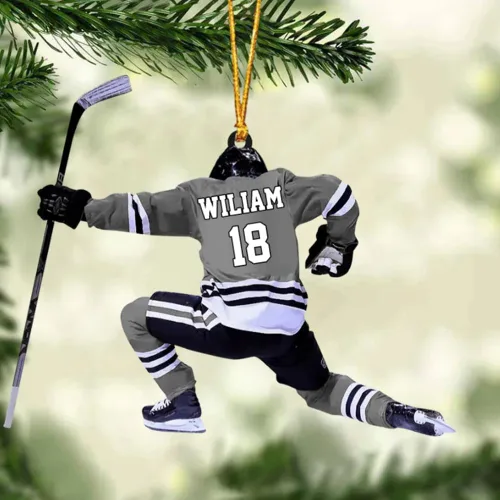 Vista 7 de Adorno de Navidad personalizado de jugador de hockey 2025, decoración colgante de madera acrílica con nombre personalizado para árbol de vacaciones