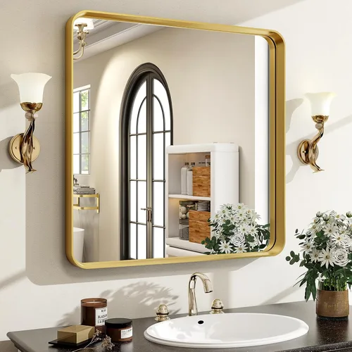 Vista 20 de Espejo de baño negro de 30"x22" - Espejo moderno para pared con esquinas redondeadas, espejos de baño para tocador, espejo enmarcado de aleación