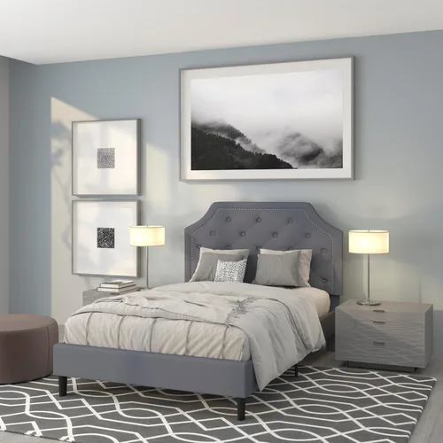 Vista 14 de EMMA + OLIVER Base de cama tapizada con diseño arqueado y diseño capitoné en tela beige