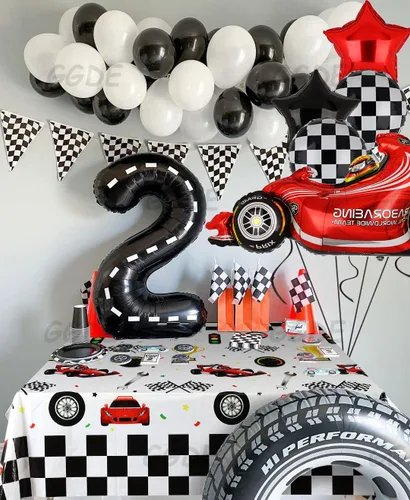 Vista 5 de Mantel de plástico para mesa de auto de carreras para fiesta de cumpleaños de carreras 2 piezas de plástico de coche de carreras cubierta de mesa
