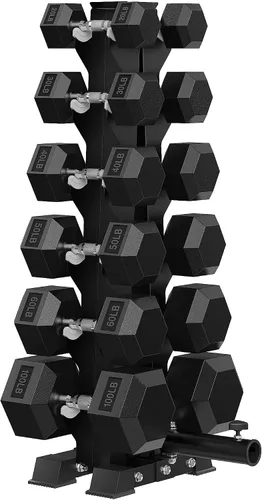 Vista 18 de HANDBODE Juego de mancuernas hexagonales recubiertas de goma con estante de marco en A, 100 libras - 600 libras, múltiples opciones