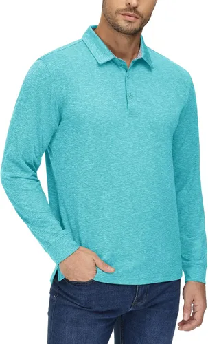 Vista 2 de TACVASEN Polo de 3 botones para hombre, manga larga, casual, elástico, ajuste regular, deportes, senderismo, golf