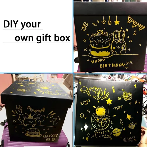 Vista 4 de Caja de regalo extragrande con tapas y asa, caja de regalo plegable negra de 12.6 pulgadas para cumpleaños, fiestas, duchas, día de San Valentín